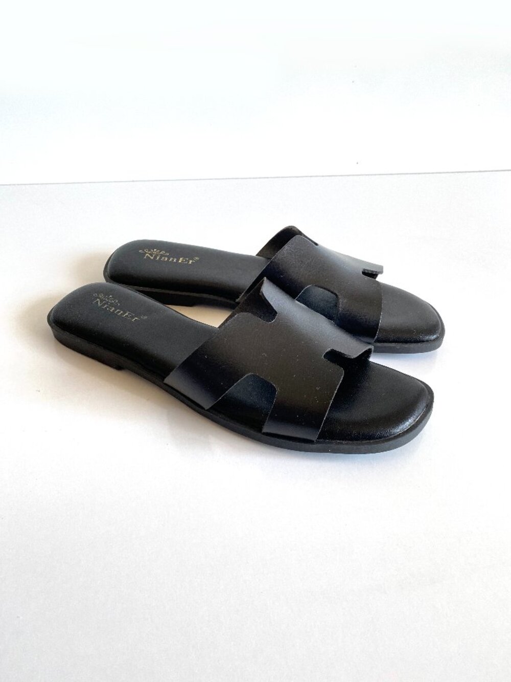 Leather Memory Foam H Sandals Slides Slip On Flat Black Size 8